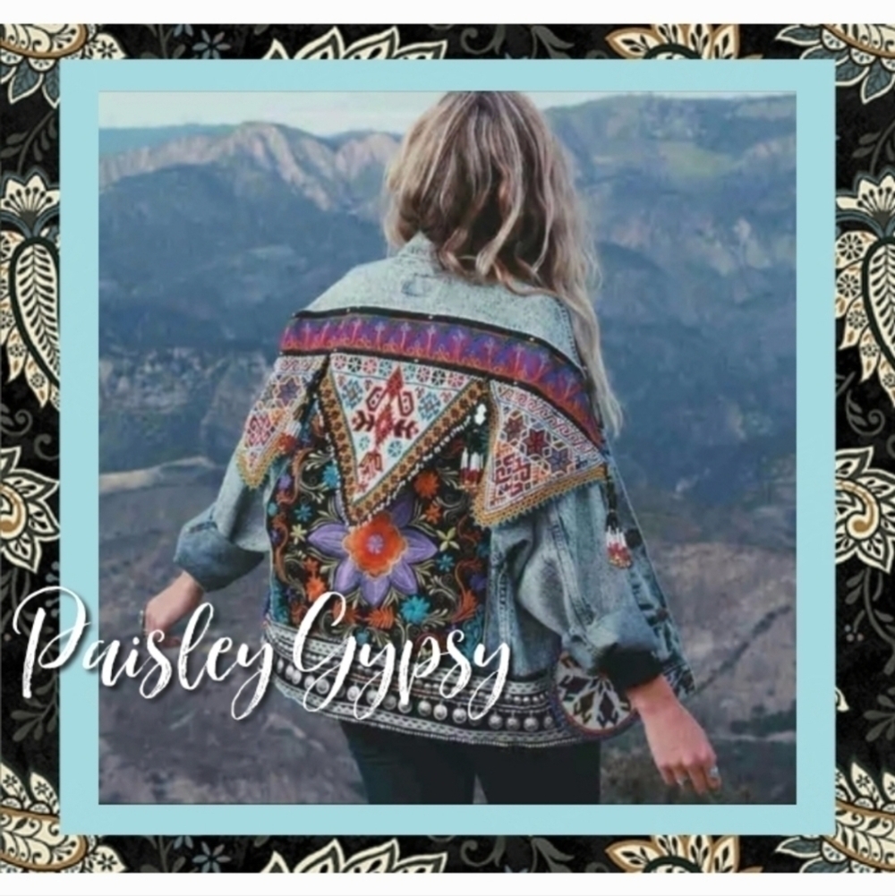 Blue Denim Embroidered Jean Jacket Oversized OSFM